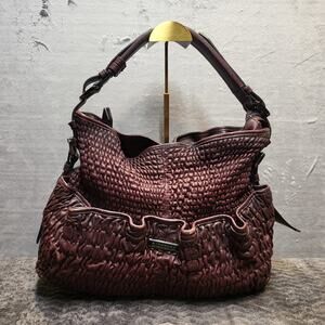 Burberry Leather Hobo Shoulder Bag Womens Burgundy Ruched Made In Italy